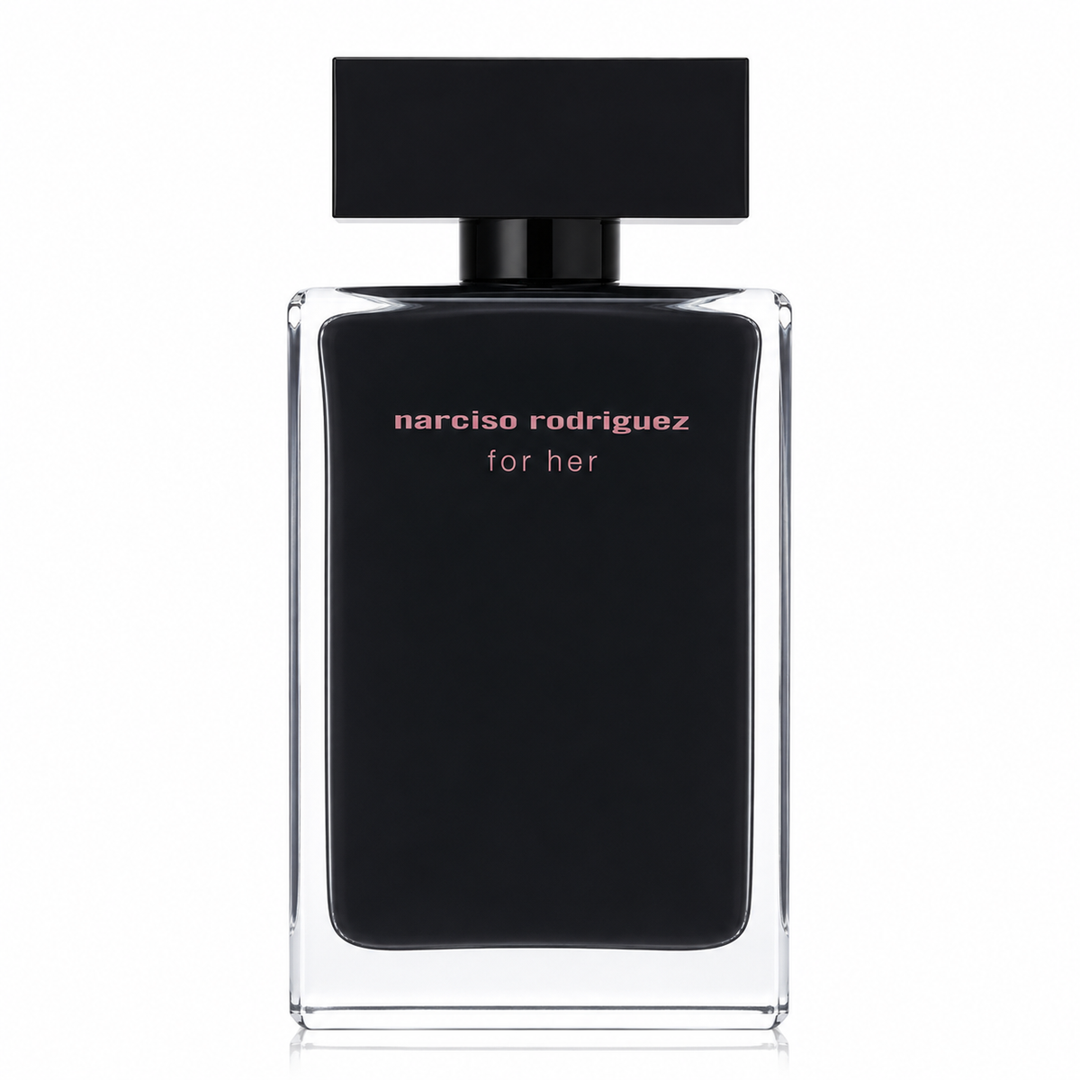 Narciso Rodriguez For Her perfume bottle, featuring a matte black rectangular body with the brand name in pink and white text, a black cap, and a clear glass frame, set against a plain white background. Eau de Toilette 100ml