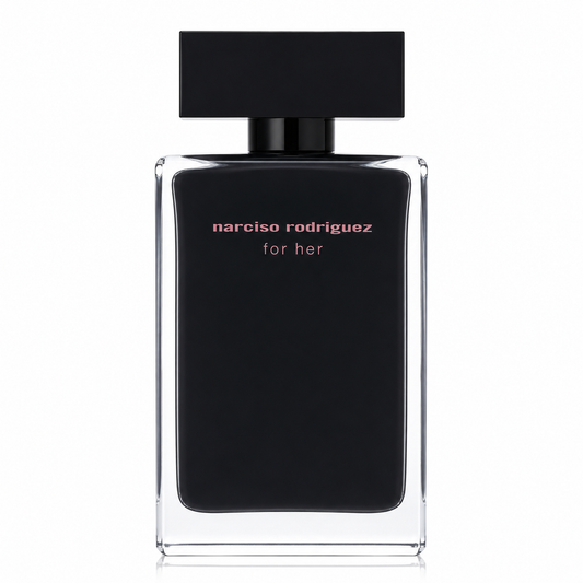 Narciso Rodriguez For Her perfume bottle, featuring a matte black rectangular body with the brand name in pink and white text, a black cap, and a clear glass frame, set against a plain white background. Eau de Toilette 100ml