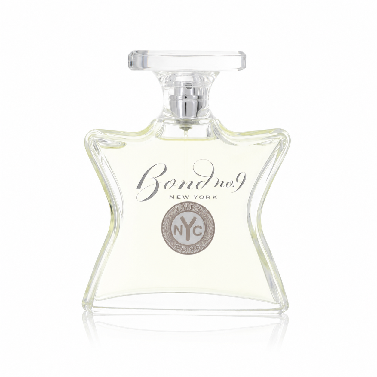 Bottle of Bond No. 9 Chez Bond Eau de Parfum with clean green and silver tones and a fresh city-inspired backdrop 100ml
