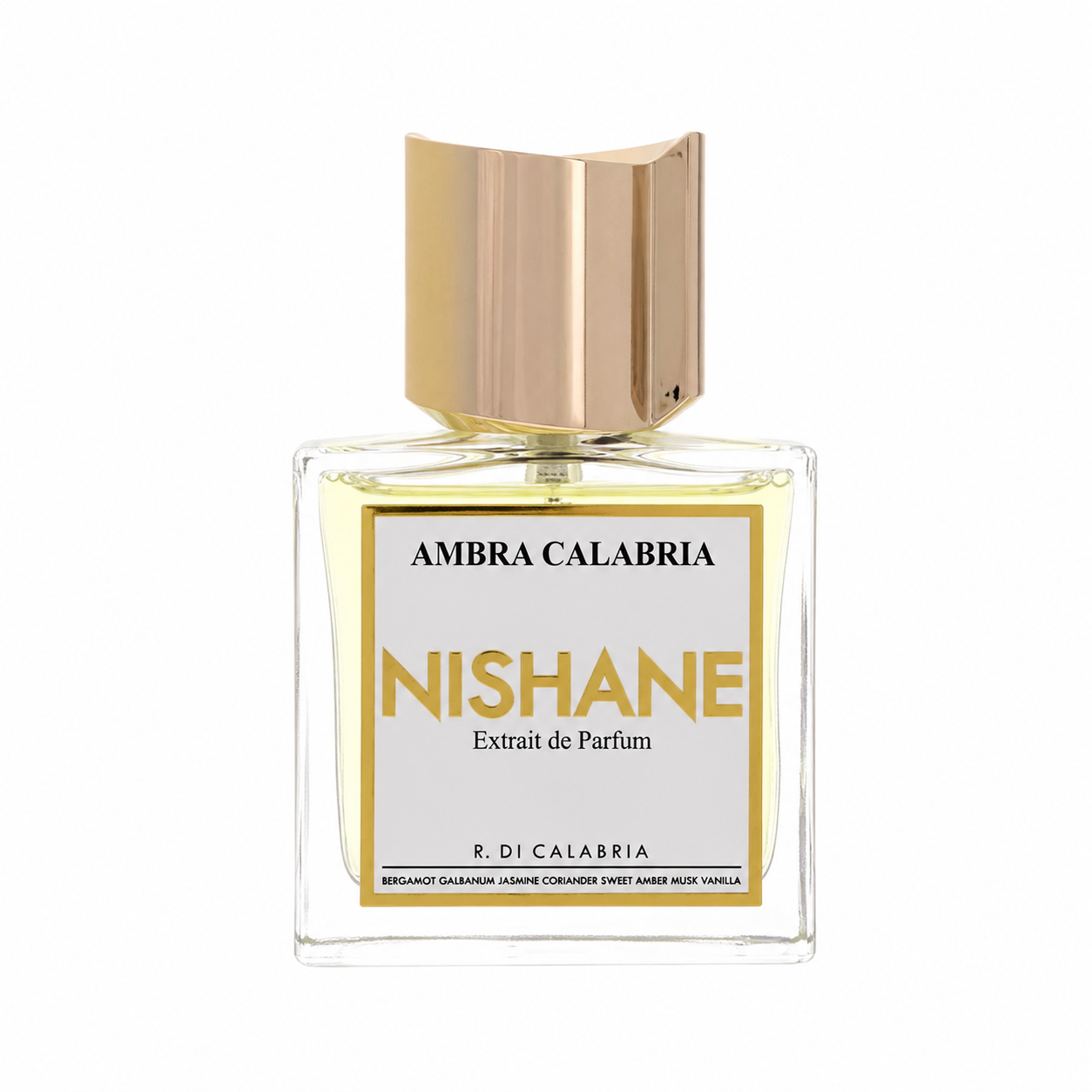 Ambra Calabria Nishane Extrait de Parfum by R. Di Calabria, featuring a clear glass bottle with a metallic gold cap and a white label with gold and black text. 50ml