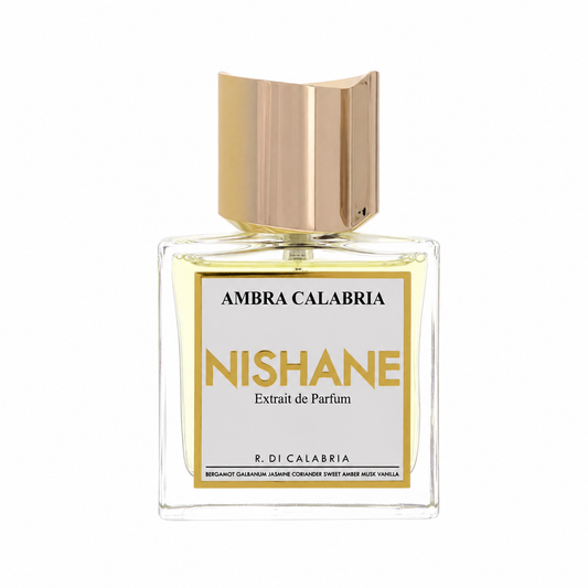 Ambra Calabria Nishane Extrait de Parfum by R. Di Calabria, featuring a clear glass bottle with a metallic gold cap and a white label with gold and black text. 50ml