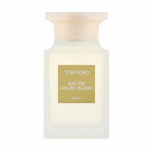Tom Ford Eau de Soleil Blanc – radiant citrus floral scent in frosted white bottle with gold label. 100ml