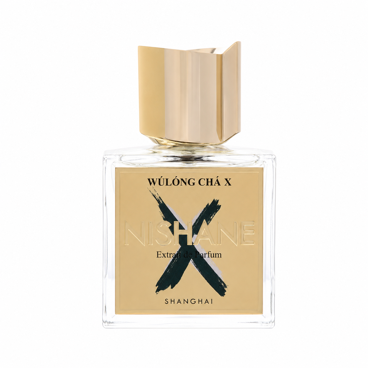A clear glass perfume bottle with a metallic gold cap and a gold label featuring a large black brushstroke 'X' and the text 'WÜLÖNG CHÁ X', 'NISHANE', and 'SHANGHAI' on a white background. 100ml