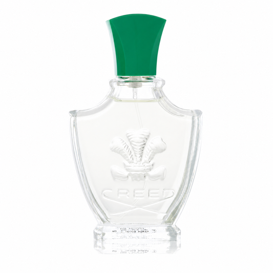 Creed Fleurissimo Eau de Parfum bottle, featuring a clear glass body with an embossed winged crest and the brand name 'CREED' below it, topped with a vibrant green cap, on a seamless white background. 75ml