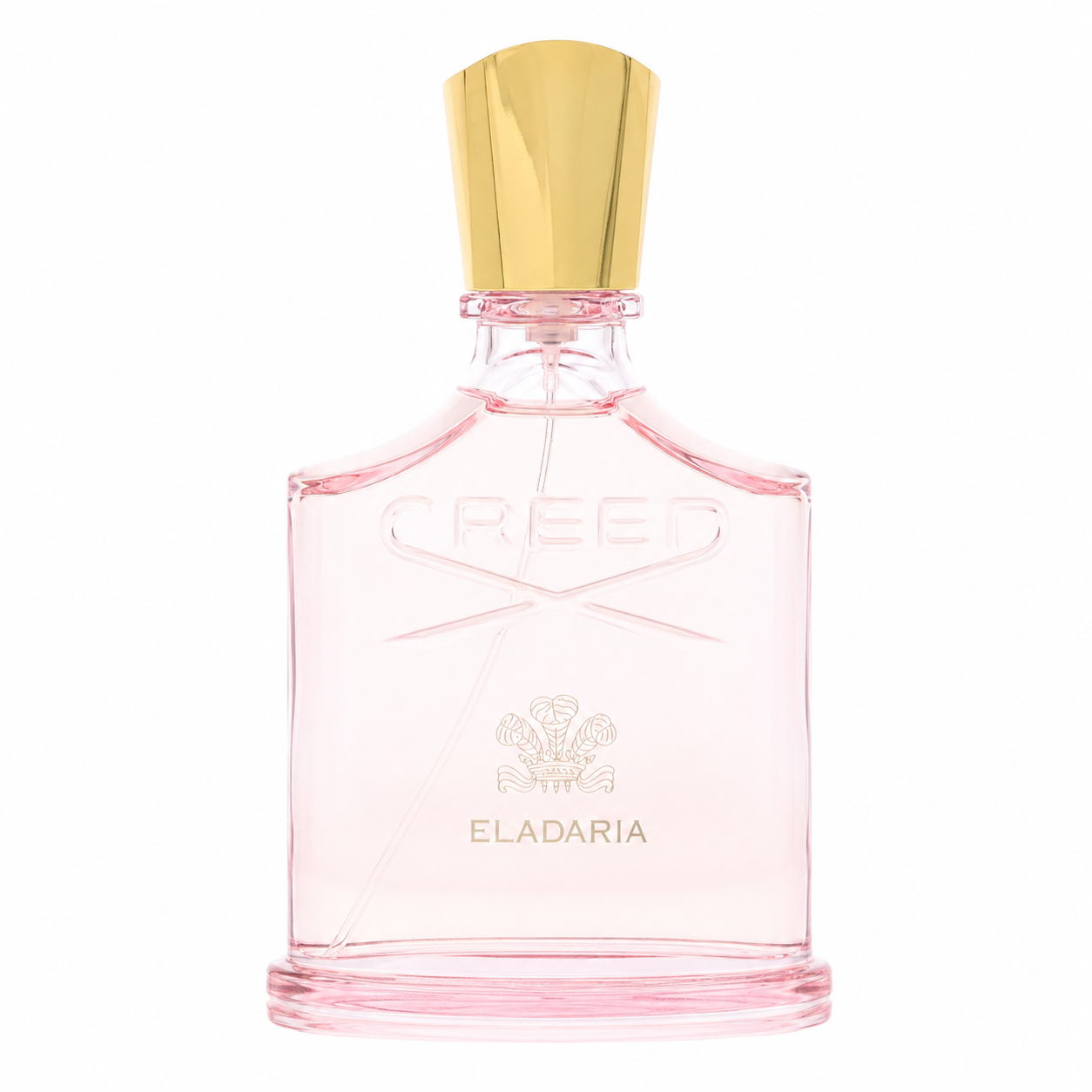 Creed Eladaria Eau de Parfum bottle, featuring a clear glass body filled with light pink liquid, a gold-tone cap, and gold lettering on the front. 75ml
