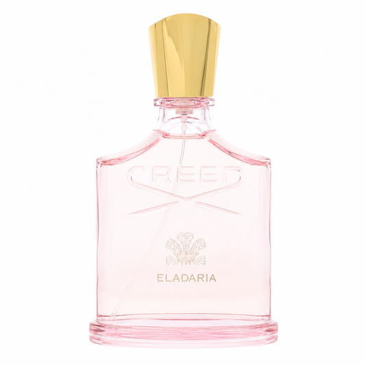 Creed Eladaria Eau de Parfum bottle, featuring a clear glass body filled with light pink liquid, a gold-tone cap, and gold lettering on the front. 75ml