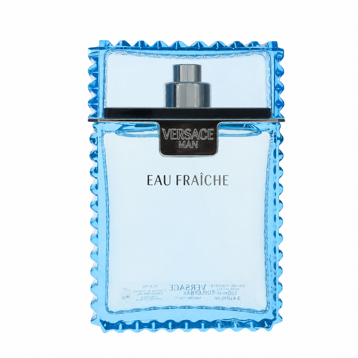 Versace Man Eau Fraîche – crisp aquatic woody fragrance in icy blue glass bottle with textured edge. 100ml