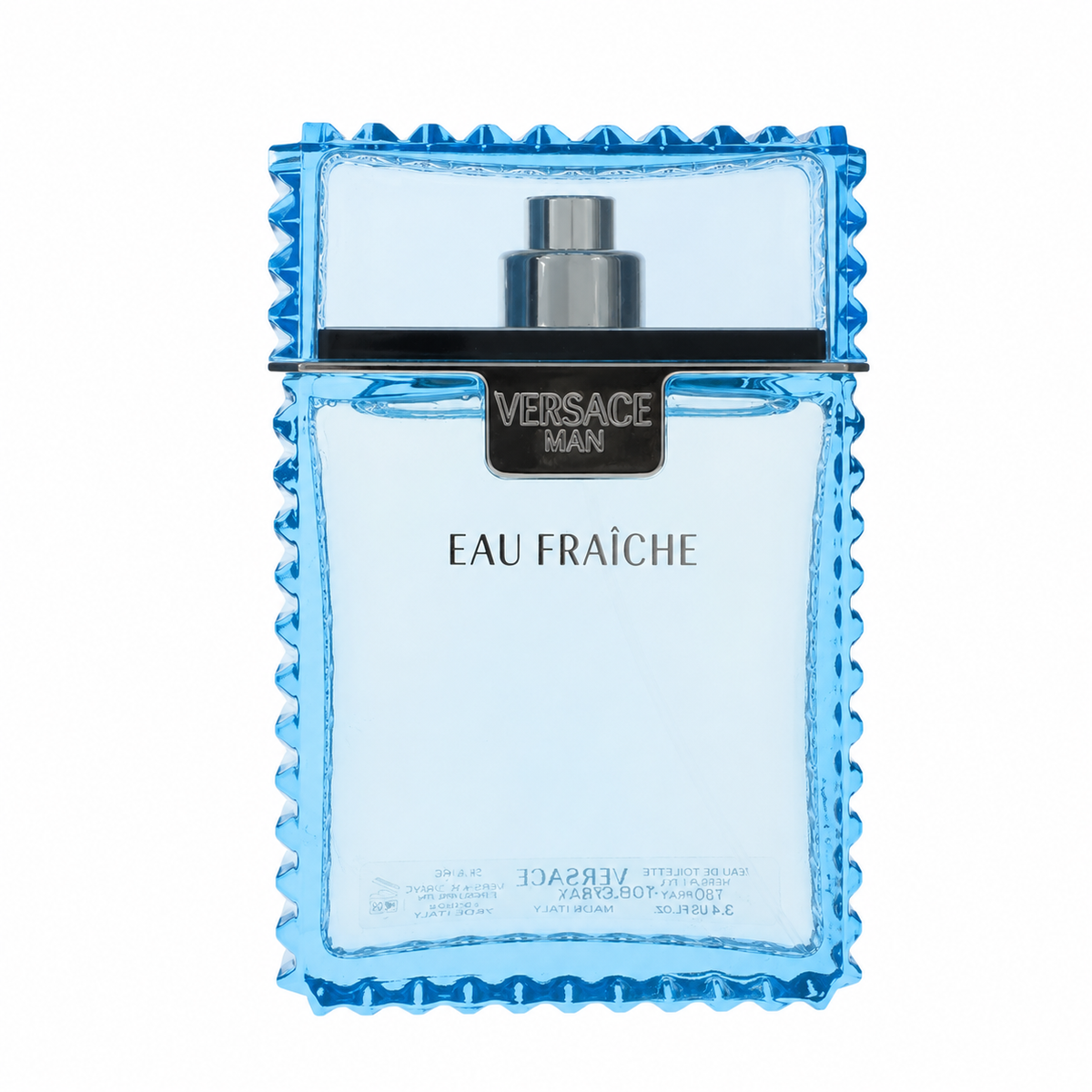 Versace Man Eau Fraîche – crisp aquatic woody fragrance in icy blue glass bottle with textured edge. 100ml