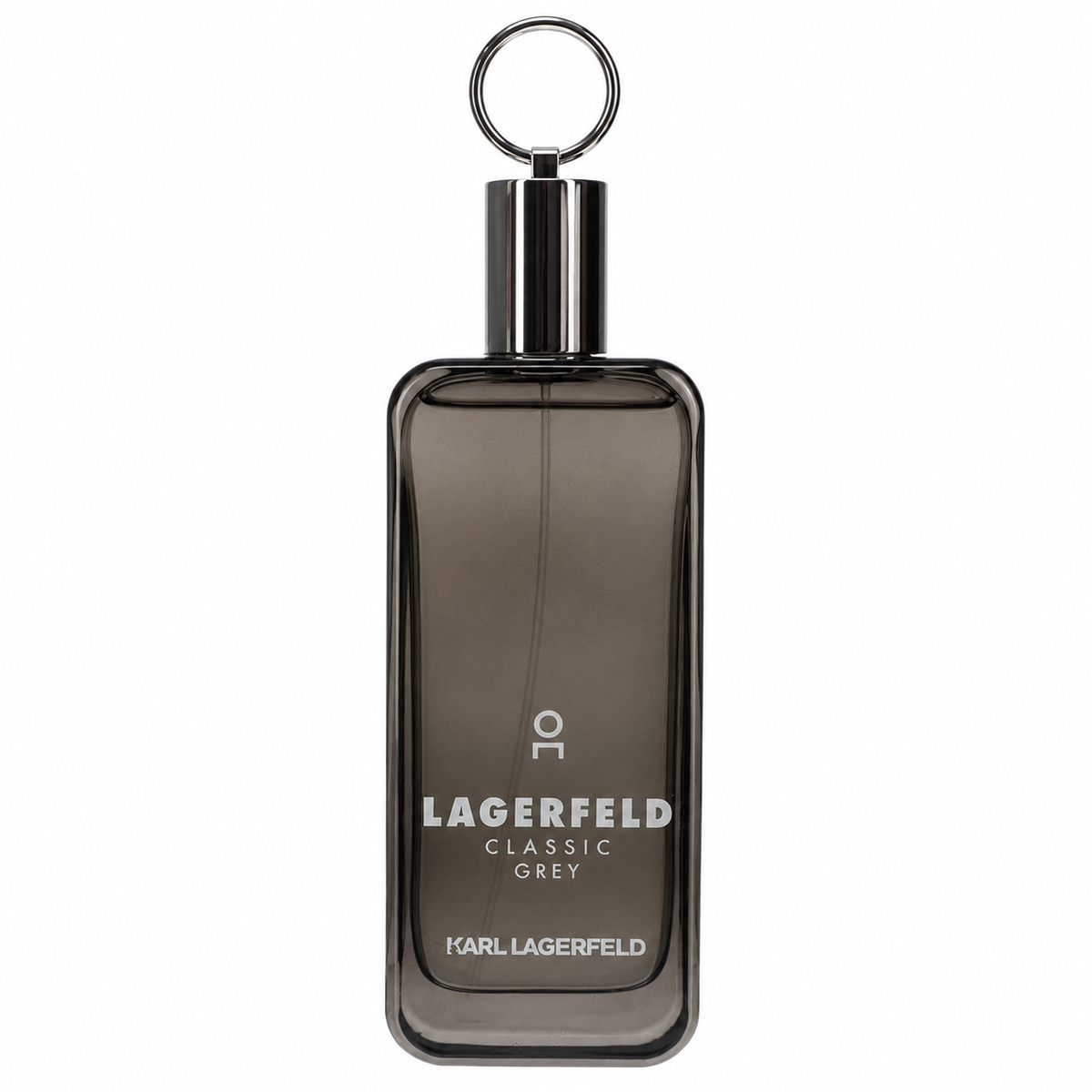 Karl Lagerfeld Classic Grey cologne bottle in a smoky translucent dark grey glass with a shiny silver metallic cap and keyring. 100ml