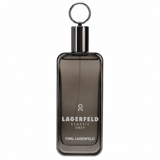 Karl Lagerfeld Classic Grey cologne bottle in a smoky translucent dark grey glass with a shiny silver metallic cap and keyring. 100ml