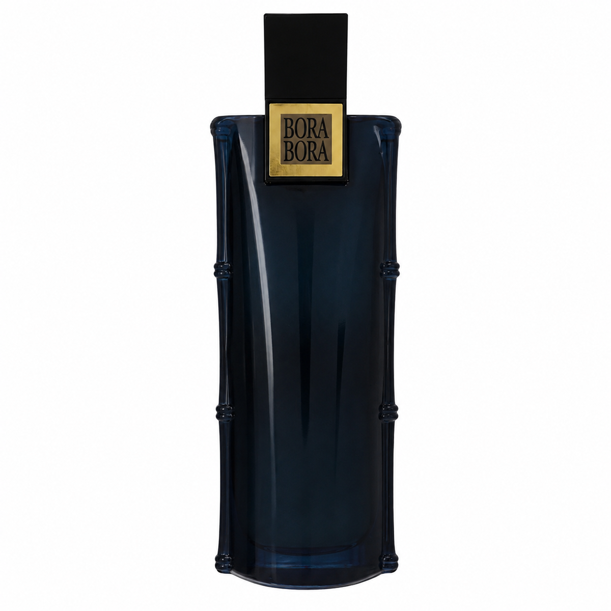 Bora Bora For Men perfume bottle in a dark navy blue translucent glass with a black cap and a gold label featuring the Bora Bora brand name. 100ml