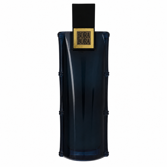 Bora Bora For Men perfume bottle in a dark navy blue translucent glass with a black cap and a gold label featuring the Bora Bora brand name. 100ml