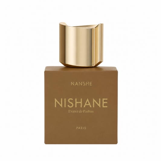 Nanshe Nishane Extrait de Parfum bottle with a matte brown rectangular box and a reflective gold cap, centered on a white background. 100ml