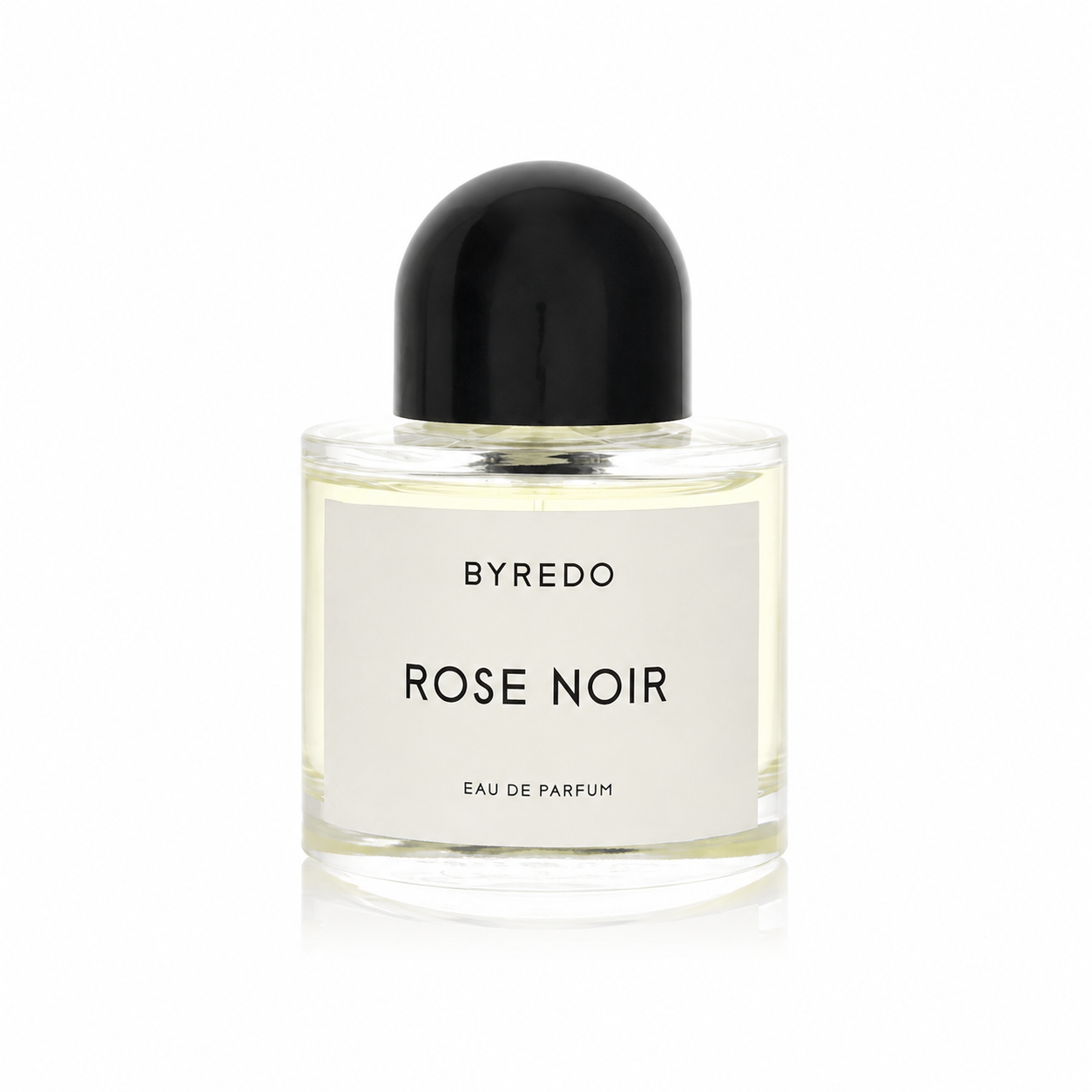 A bottle of Byredo Rose Noir Eau de Parfum with a black cap and a white label, set against a plain white background.