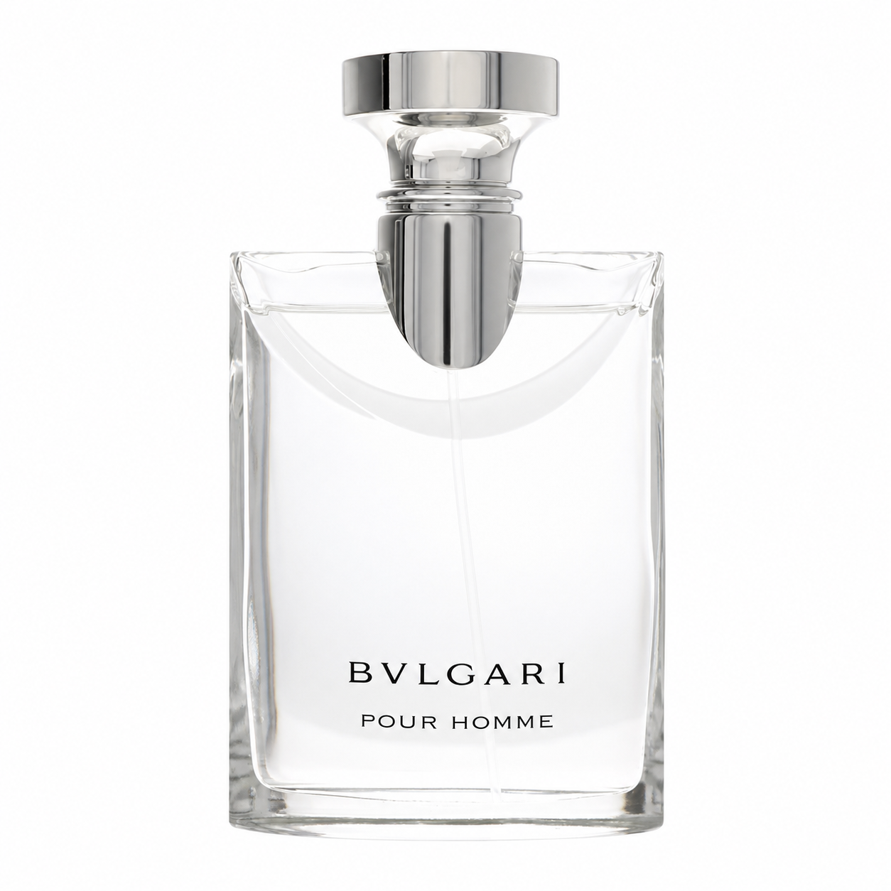 Bvlgari Pour Homme Eau de Toilette fragrance bottle in clear glass with a polished silver cap, centered on a white background. 100ml