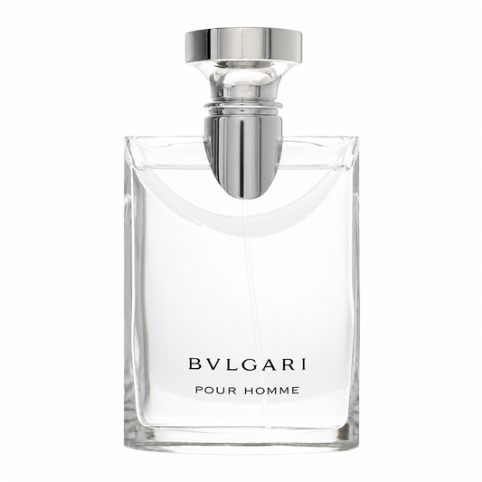 Bvlgari Pour Homme Eau de Toilette fragrance bottle in clear glass with a polished silver cap, centered on a white background. 100ml