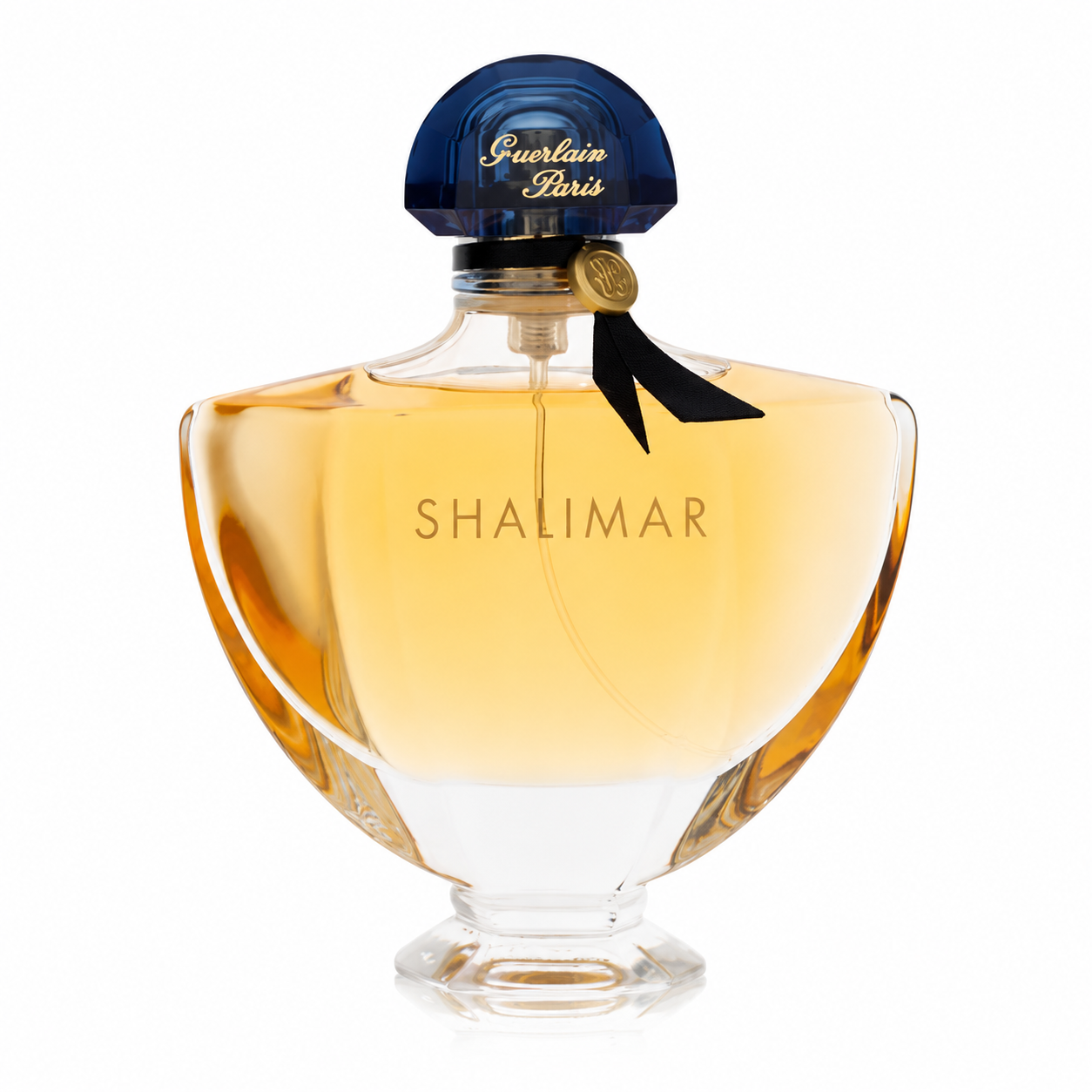Bottle of Guerlain Shalimar Eau de Parfum surrounded by rich gold and deep oriental tones 90ml