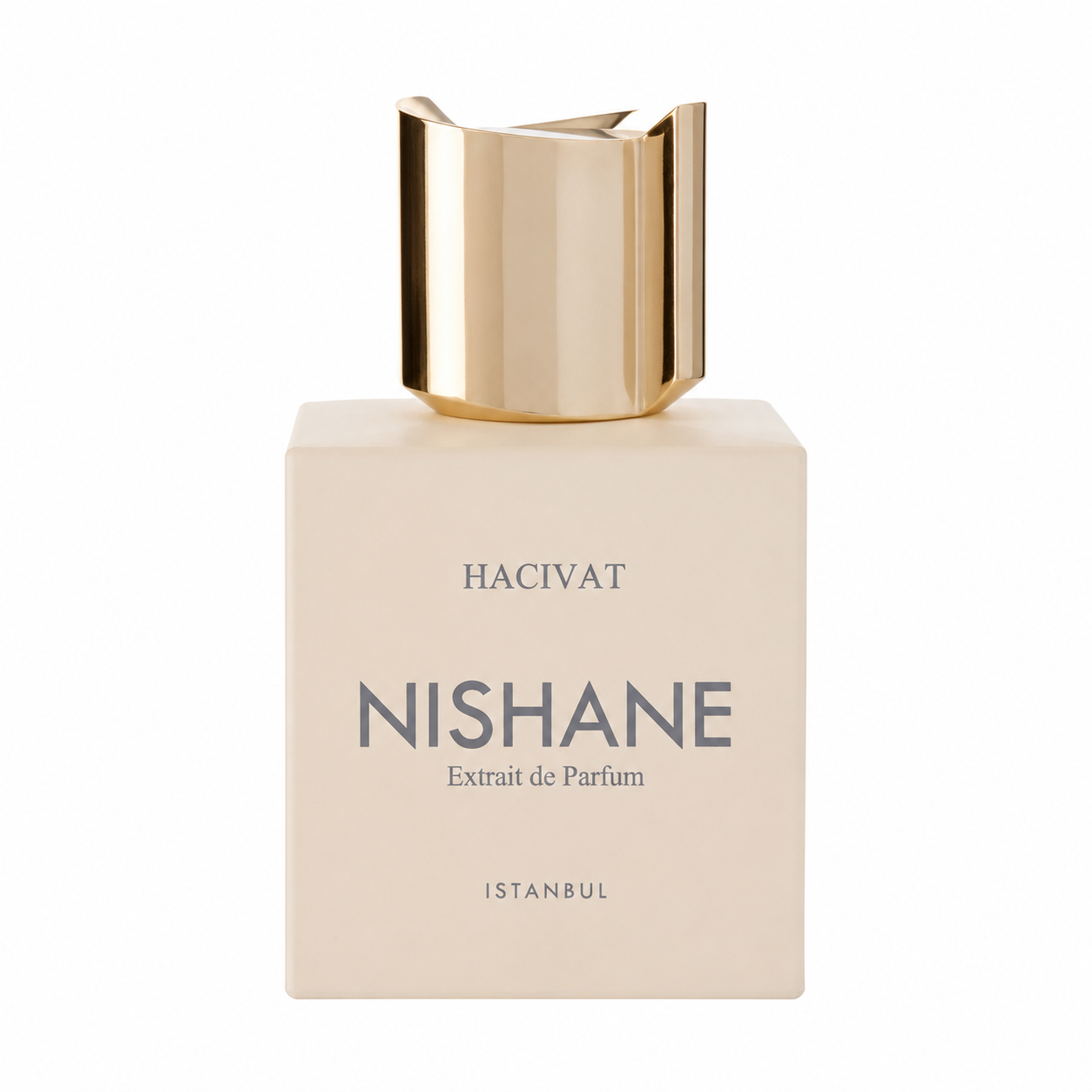 Hacivat Nishane Extrait de Parfum bottle with a square beige body and a metallic gold cap, set against a plain white background. 100ml