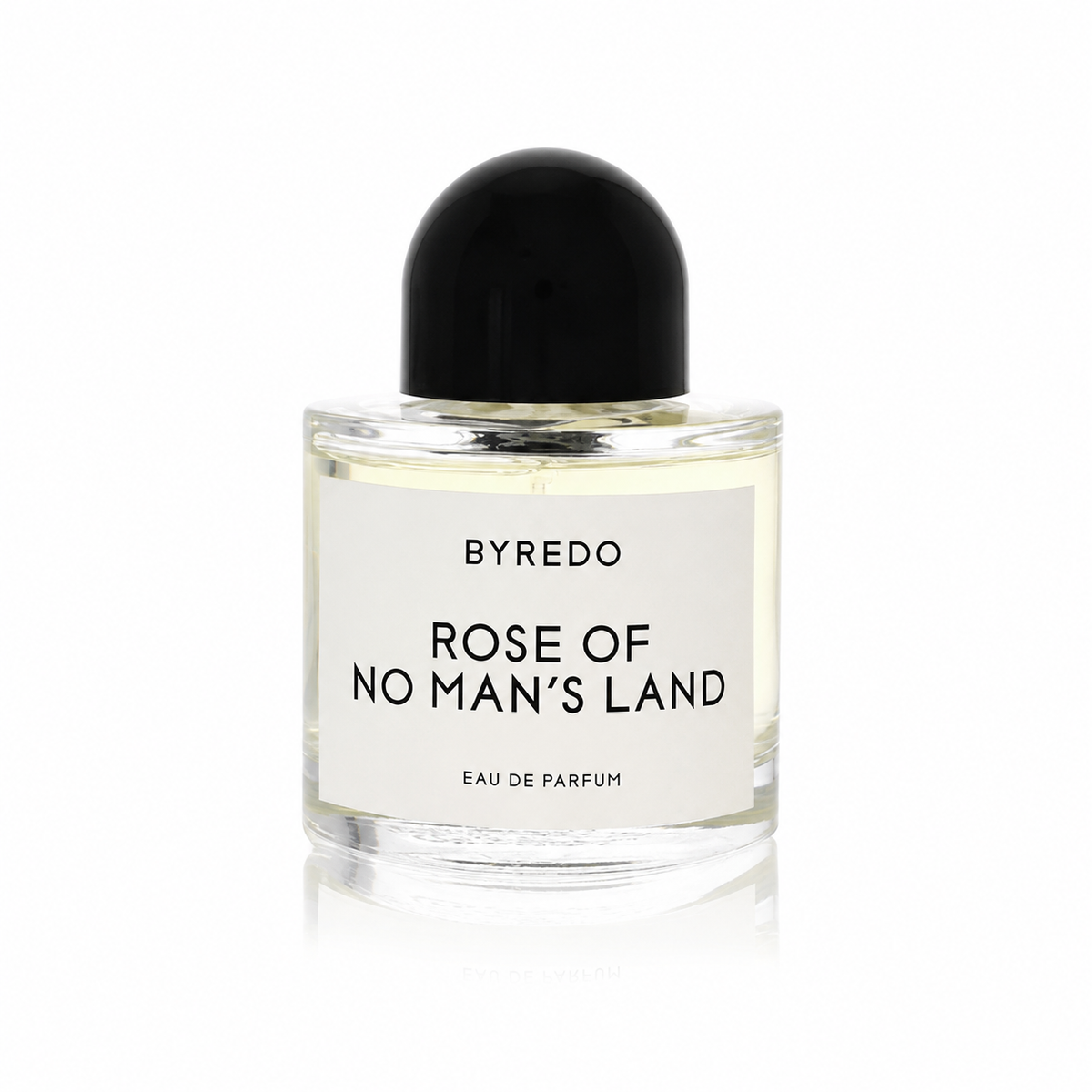 A clear glass bottle of Byredo Rose of No Man's Land Eau de Parfum with a black dome-shaped cap and a white label, set against a plain white background.