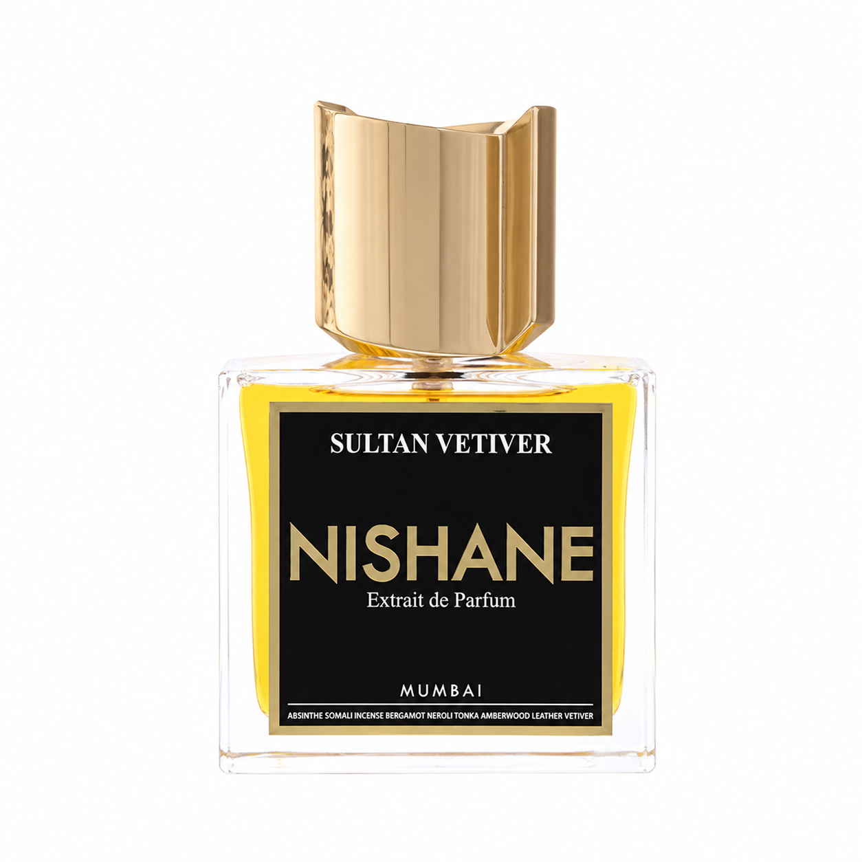 Sultan Vetiver Nishane Extrait de Parfum in a clear glass bottle with a prominent gold cap and a black label featuring gold lettering, set against a plain white background. 50ml