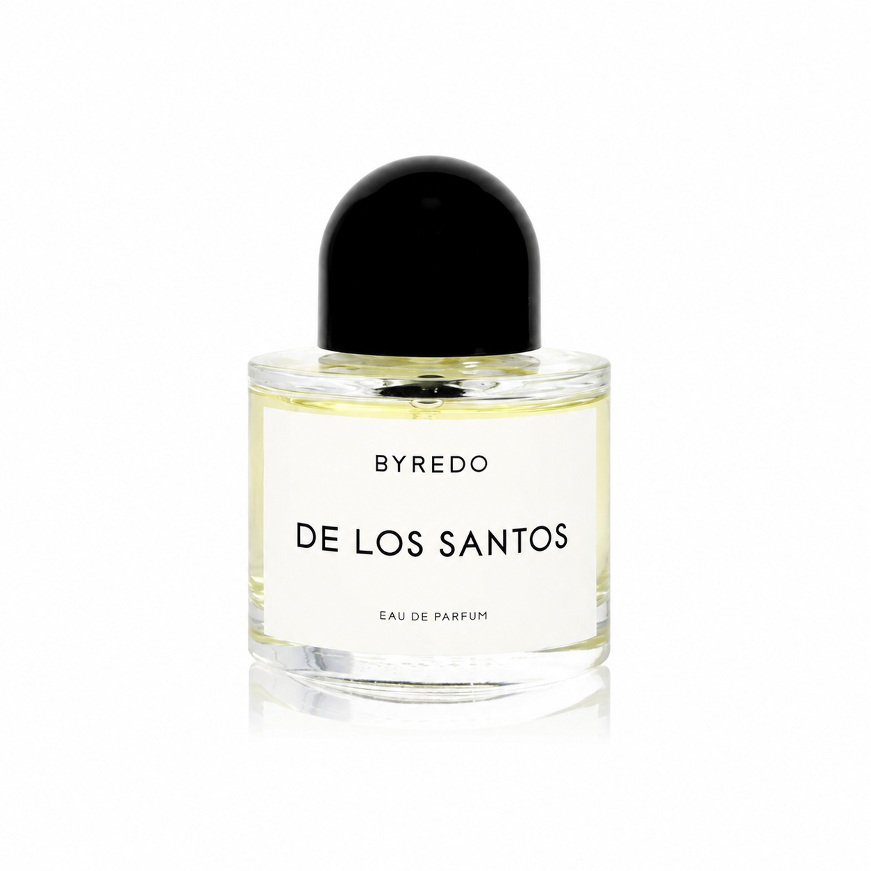 A bottle of Byredo De Los Santos Eau de Parfum with a black dome-shaped cap and a white label, set against a clean white background.