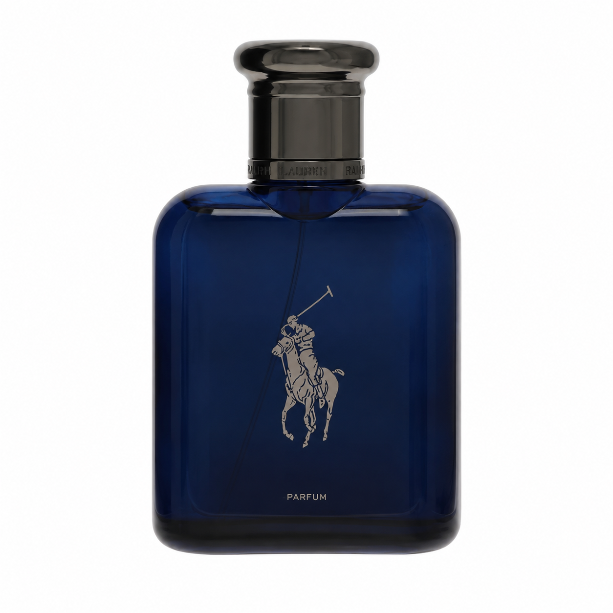 Ralph Lauren Polo Blue Parfum – refined woody marine fragrance in deep blue bottle with gold collar. 75ml Refillable