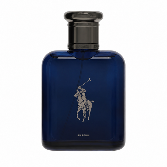 Ralph Lauren Polo Blue Parfum – refined woody marine fragrance in deep blue bottle with gold collar. 75ml Refillable