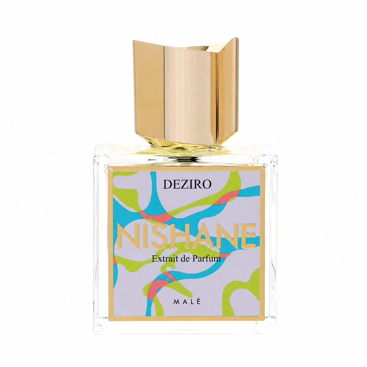 A square glass perfume bottle with a metallic gold cap and a colorful abstract label. The label reads 'DEZIRO NISHANE Extrait de Parfum' and 'MALÉ'. 100ml