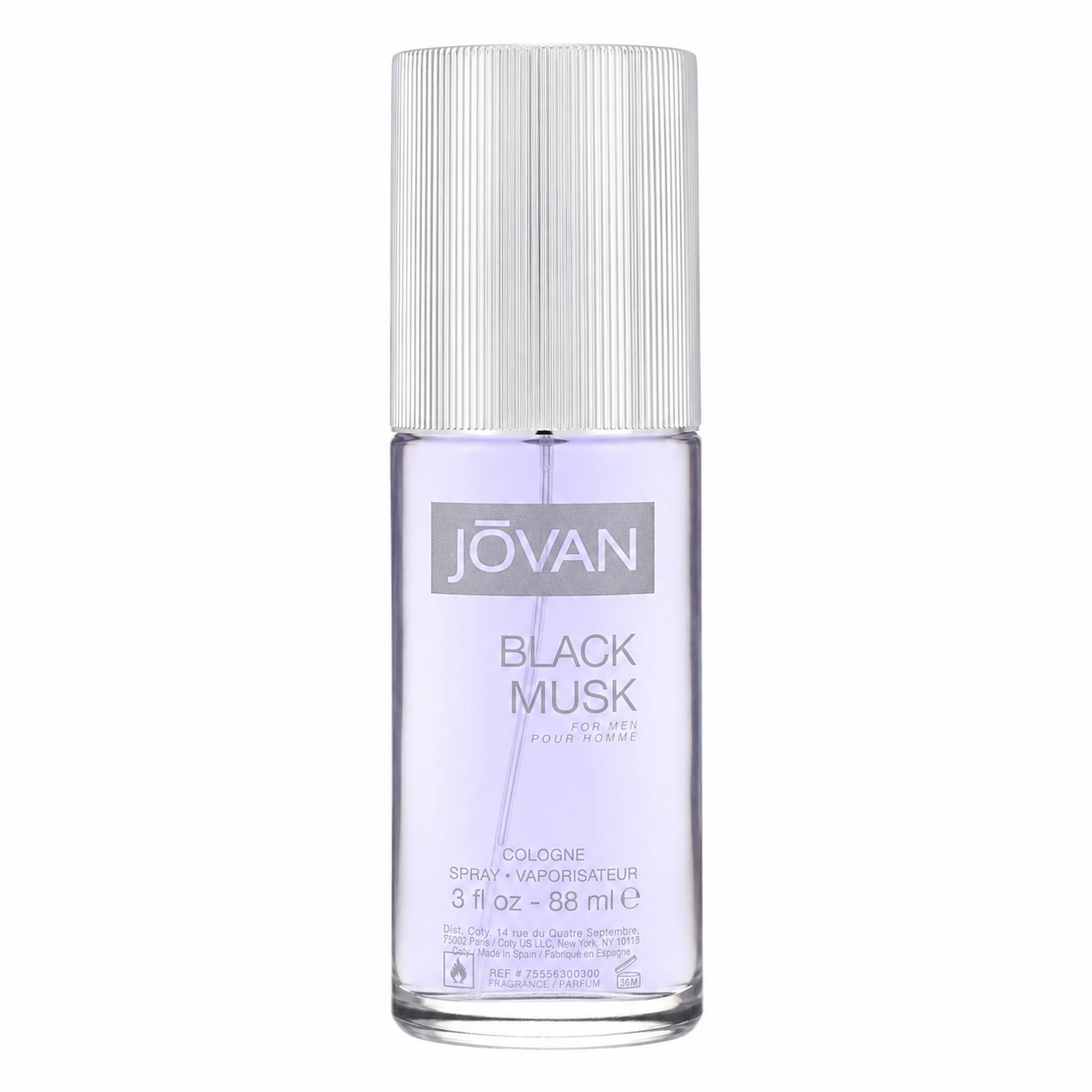 A bottle of Jóvan Black Musk cologne for men, featuring a clear glass bottle with light purple liquid, a silver ribbed cap, and a silver label. 88ml