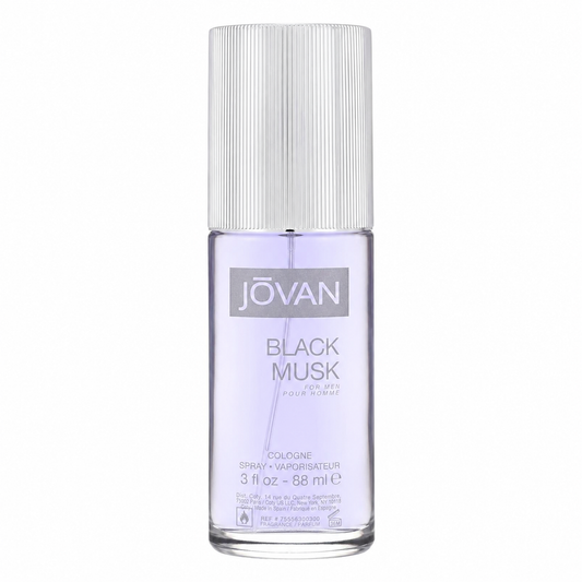 A bottle of Jóvan Black Musk cologne for men, featuring a clear glass bottle with light purple liquid, a silver ribbed cap, and a silver label. 88ml