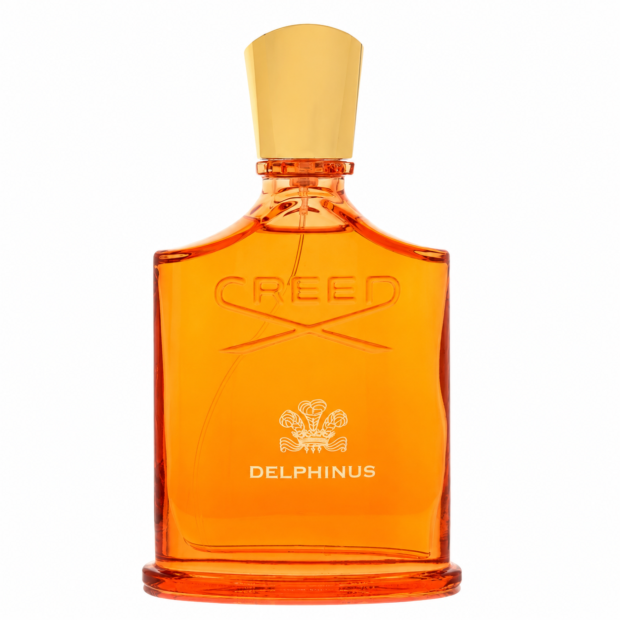 Creed Delphinus Eau de Parfum bottle in translucent amber glass with a gold cap, on a white background. 100ml
