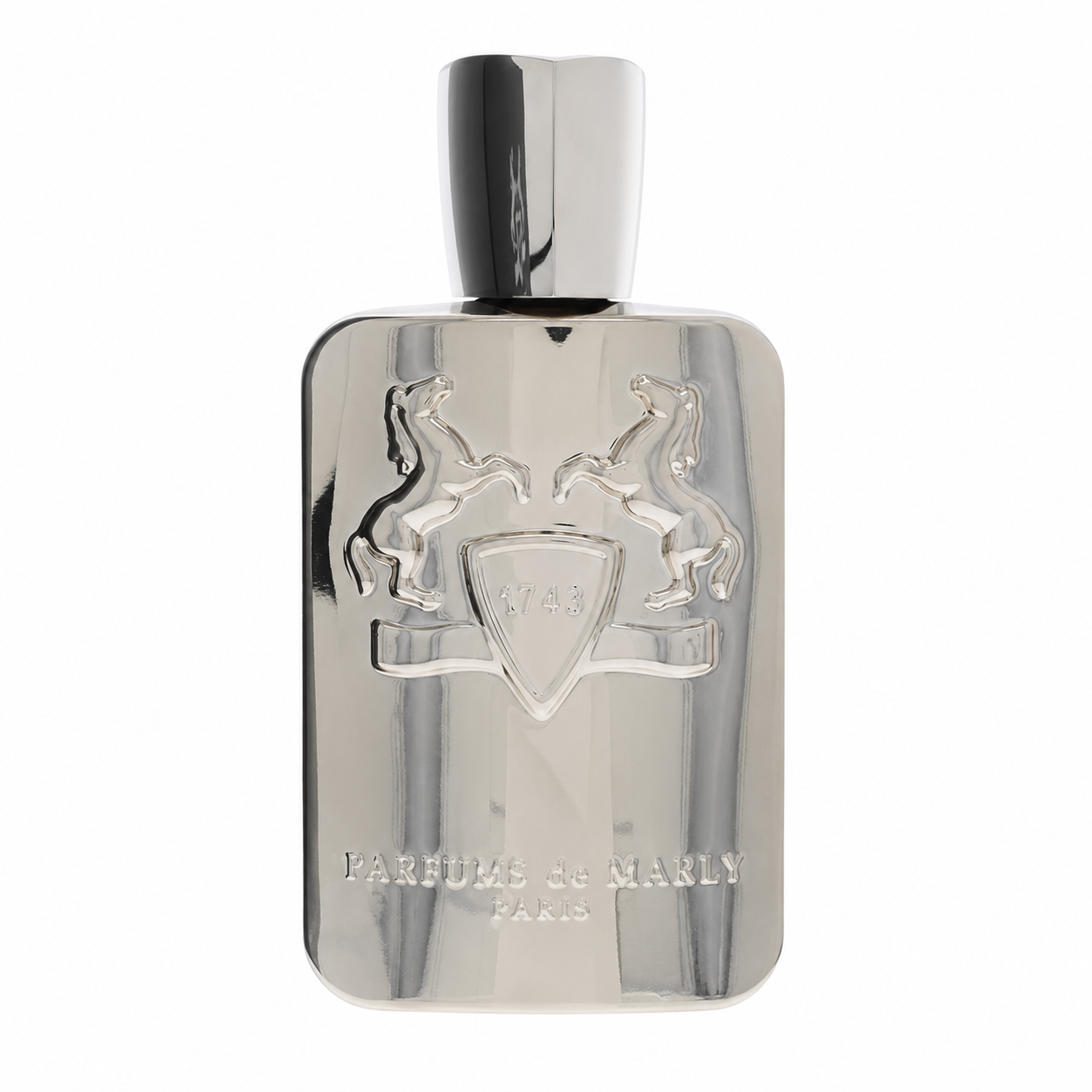 Parfums de Marly Pegasus – refined almond and vanilla fragrance in sleek metallic silver bottle. 125ml