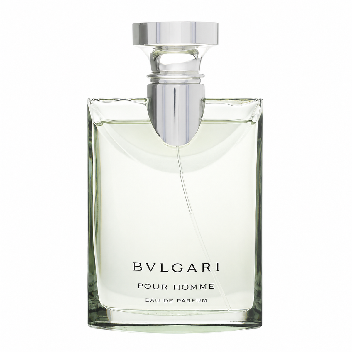 Bvlgari Pour Homme Eau de Parfum in a clear glass bottle with a polished silver atomizer cap, shown against a solid white background. 100ml