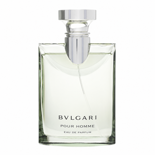 Bvlgari Pour Homme Eau de Parfum in a clear glass bottle with a polished silver atomizer cap, shown against a solid white background. 100ml