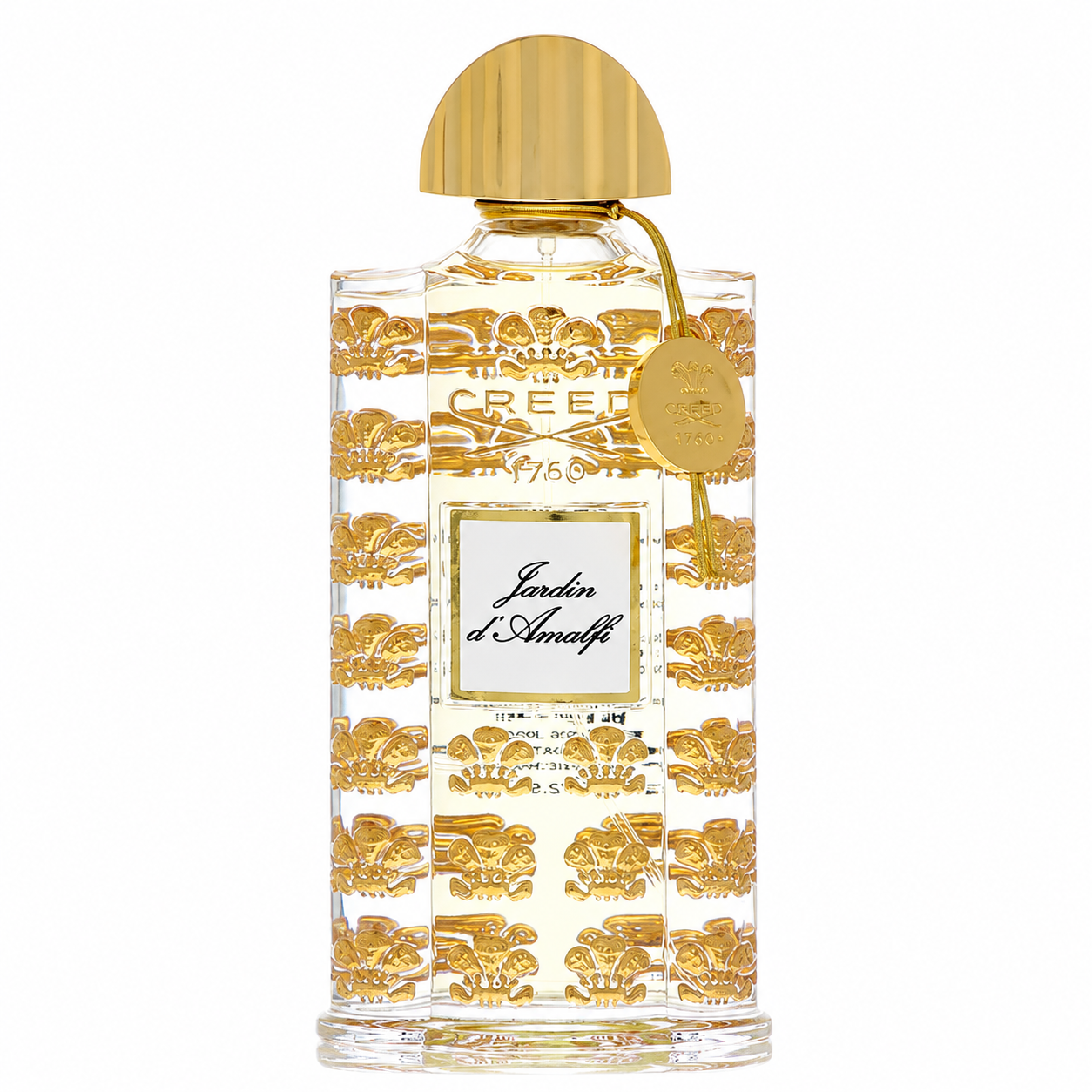 Bottle of Creed Jardin d’Amalfi Eau de Parfum with bright citrus fruits and Amalfi coastal garden background 75ml