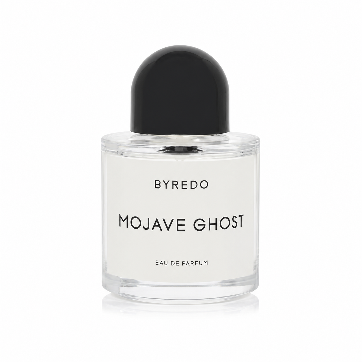 Byredo Mojave Ghost – soft woody floral perfume in minimalist clear bottle with black cap. 100ml