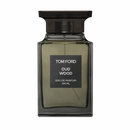 Tom Ford Oud Wood – smoky exotic oud fragrance in dark brown rectangular bottle with minimalist label. 100ml