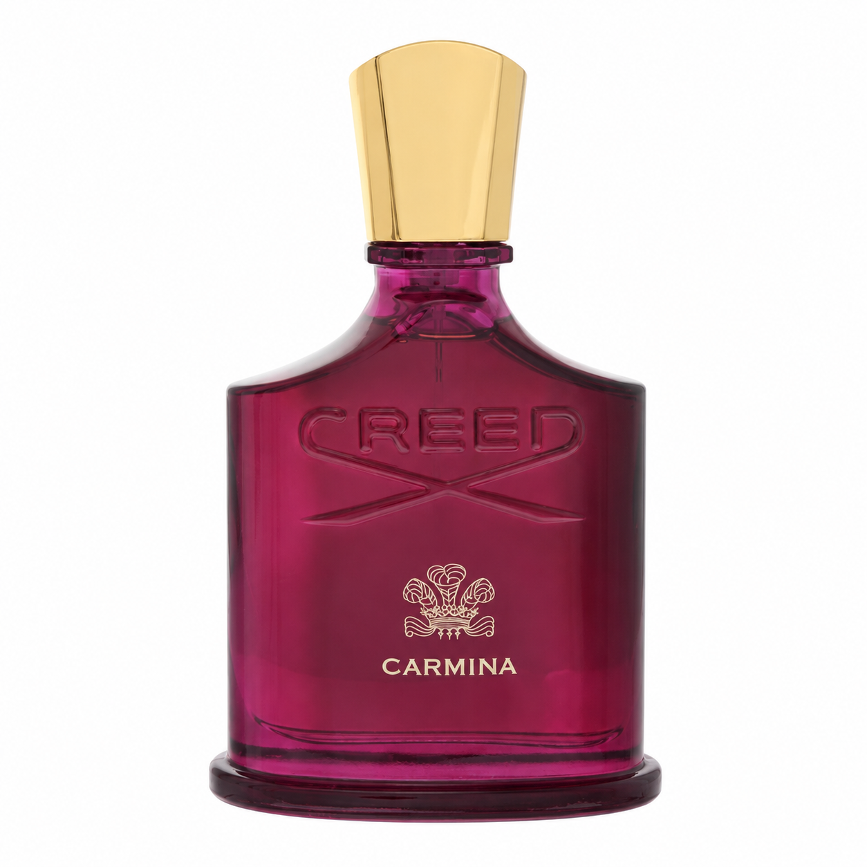 Creed Carmina perfume bottle in translucent magenta glass with a gold-tone cap, shown on a plain white background. 75ml