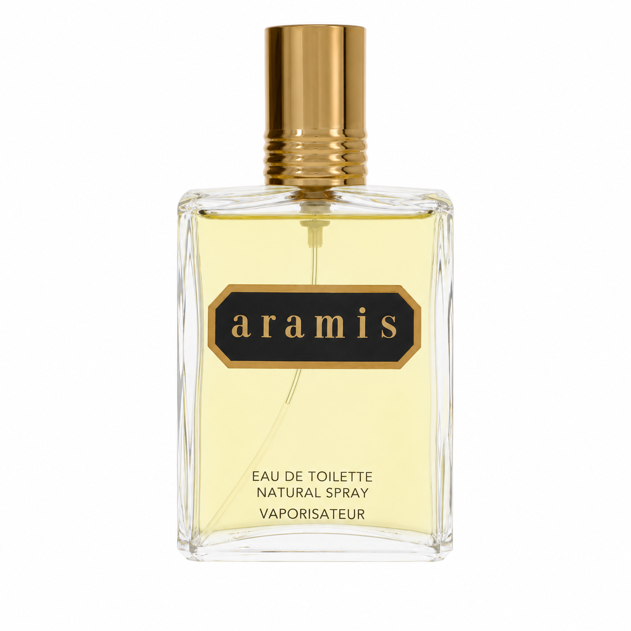 Aramis Eau de Toilette Natural Spray in a clear glass bottle with pale yellow liquid, a gold cap, and a black label with gold lettering. 109ml