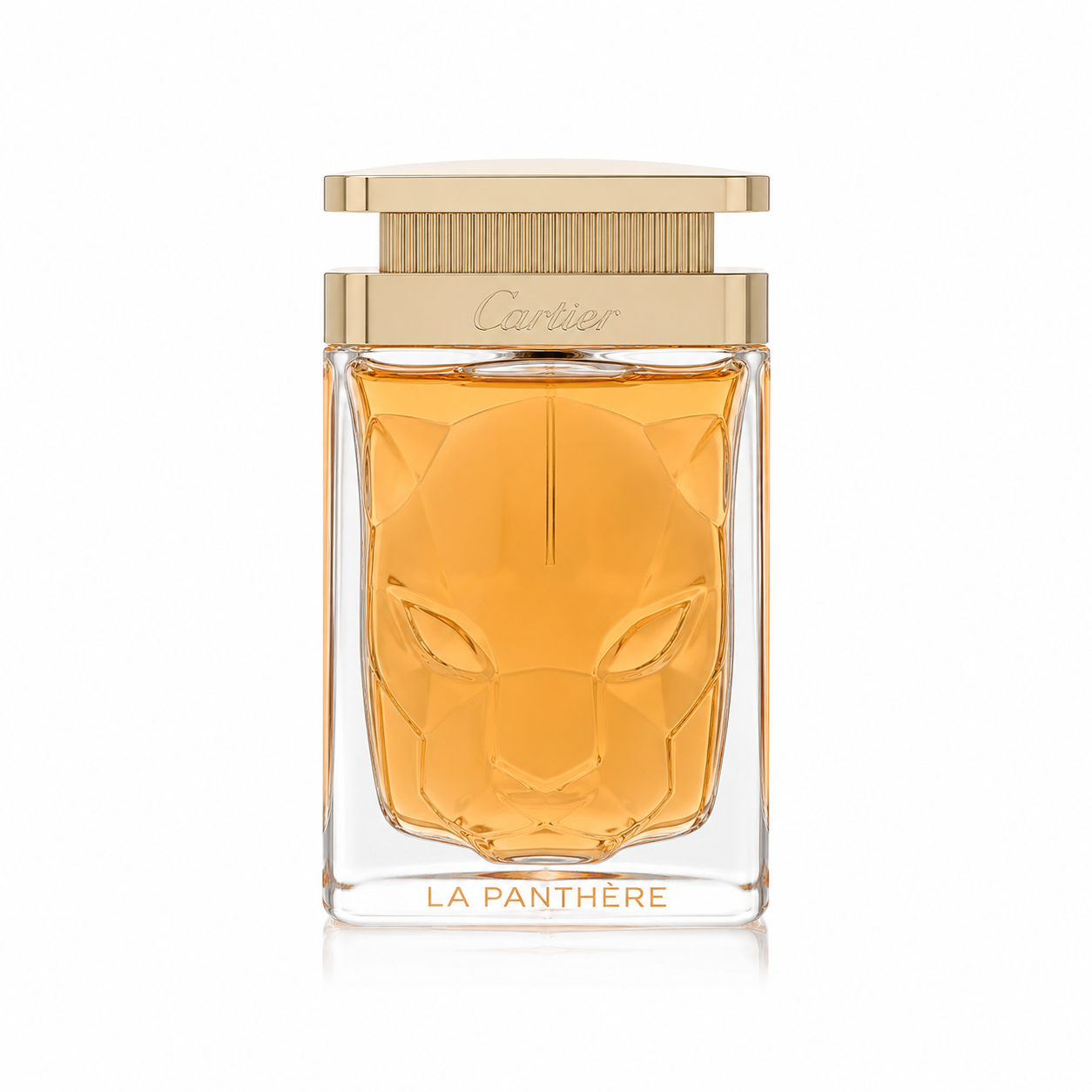 Cartier La Panthère Eau de Parfum bottle with a faceted clear glass body showing amber-orange liquid, a gold-toned cap, and the Cartier logo on a white background. 100ml