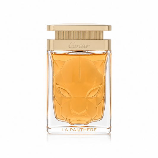 Cartier La Panthère Eau de Parfum bottle with a faceted clear glass body showing amber-orange liquid, a gold-toned cap, and the Cartier logo on a white background. 100ml