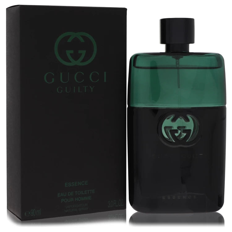 Gucci Guilty Essence for men – refined aromatic cologne in silver metallic bottle with black base. 90ml