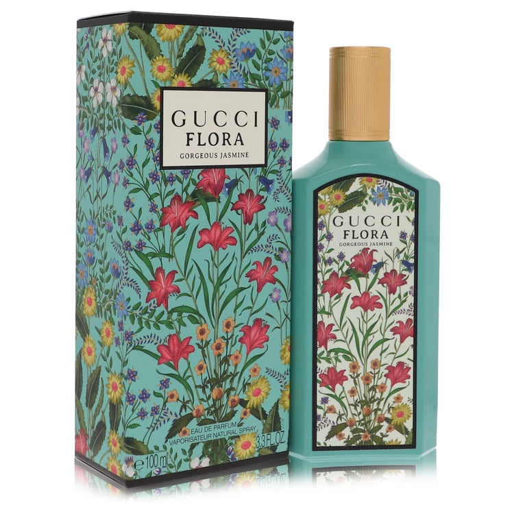 Gucci Flora Gorgeous Jasmine – radiant white floral perfume in pastel green bottle with floral design. 100ml
