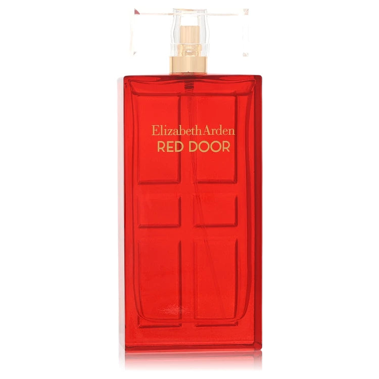 Elizabeth Arden Red Door Eau de Toilette bottle, featuring a translucent red rectangular design resembling a door, with gold lettering and a clear cap, set against a plain white background. 100ml