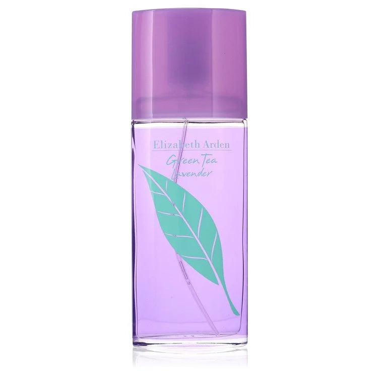 Elizabeth Arden Green Tea Lavender Eau de Toilette spray bottle with a lavender purple cap and a mint green leaf graphic on a clear glass bottle, set against a plain white background. 100ml