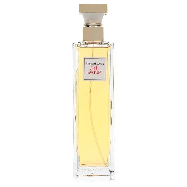 Elizabeth Arman 5th Avenue Eau de Parfum perfume bottle, featuring a clear rectangular glass bottle filled with pale yellow liquid, topped with a gold cap, and a white label on the front.  125ml