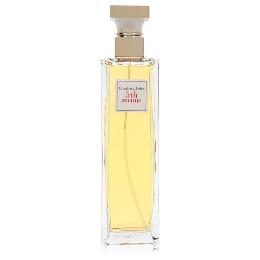 Elizabeth Arman 5th Avenue Eau de Parfum perfume bottle, featuring a clear rectangular glass bottle filled with pale yellow liquid, topped with a gold cap, and a white label on the front.  125ml