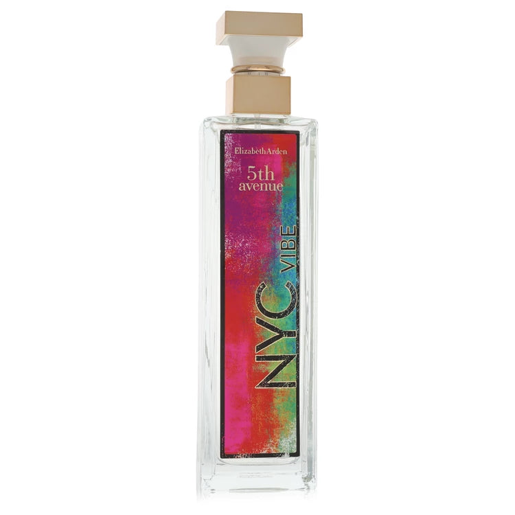 Elizabeth Arden 5th Avenue NYC Vibe Eau de Parfum perfume bottle, featuring a clear glass rectangular bottle with a colorful pink, purple, and blue label and a gold cap, on a white background. 125ml