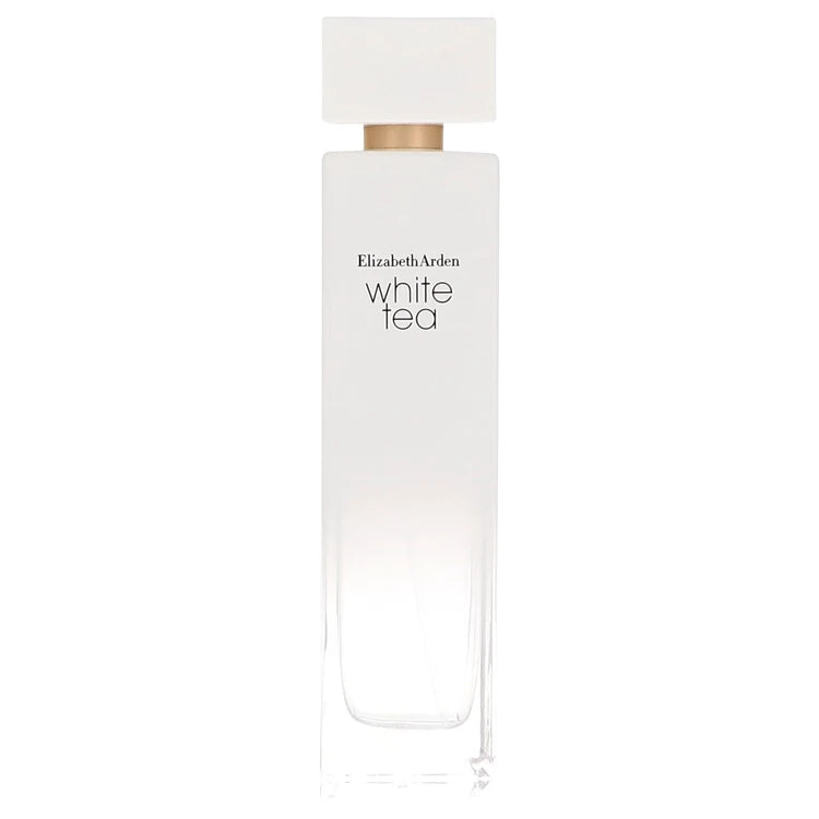Elizabeth Arden White Tea Eau de Toilette bottle, featuring a minimalist white rectangular cap and a frosted glass bottle with a subtle gradient, set against a solid white background. 100ml