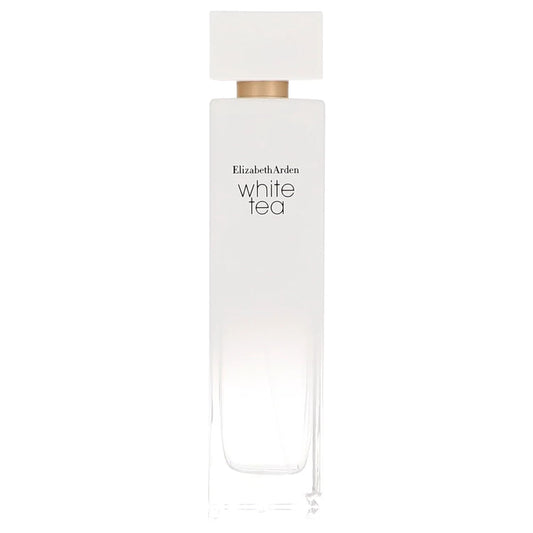 Elizabeth Arden White Tea Eau de Toilette bottle, featuring a minimalist white rectangular cap and a frosted glass bottle with a subtle gradient, set against a solid white background. 100ml